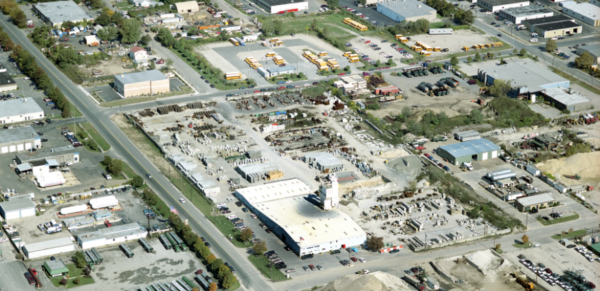 Aerial view of Roman Stone precast manufacturing facility and concrete production operations