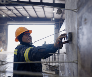 Roman Stone team member taking measurements of a precast concrete product to ensure accuracy and meet project specifications.